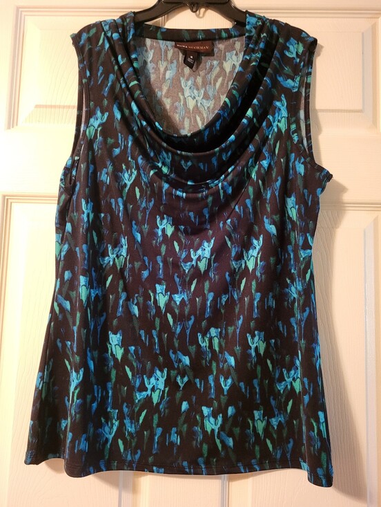 Dana Buchman Tops - Dana Buchman Black Top with Blue & Teal Abstract Print and Cowl Neck